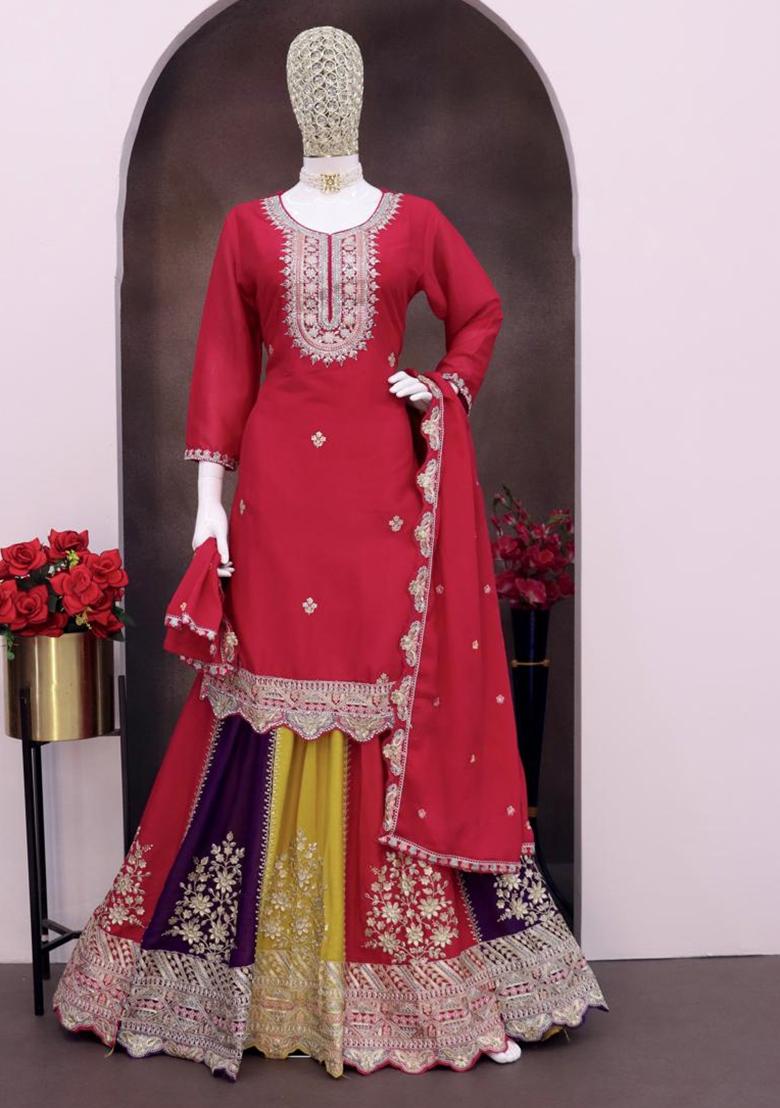 Pink Embroidered Silk Kurta Set With Dupatta - Indya