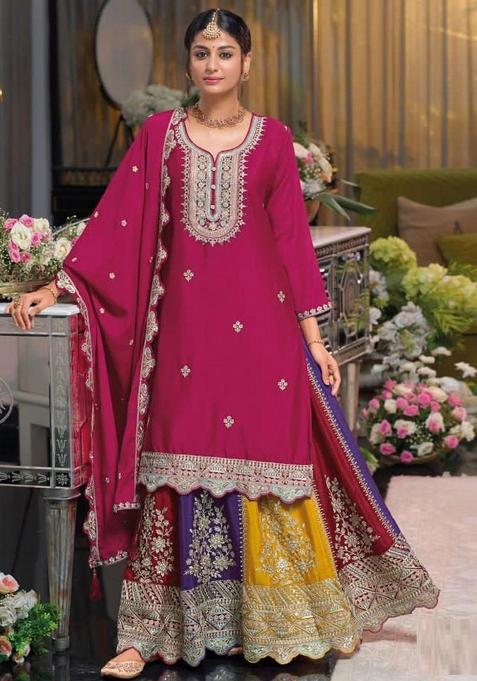 Pink Embroidered Silk Sharara Set