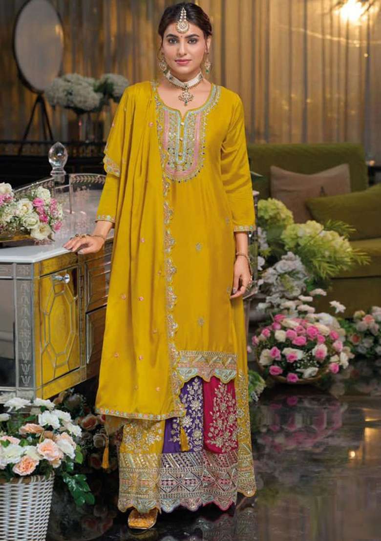 Yellow Embroidered Silk Blend Sharara Set - Indya