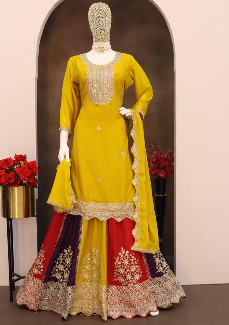 Yellow Embroidered Silk Kurta Set With Dupatta - Indya