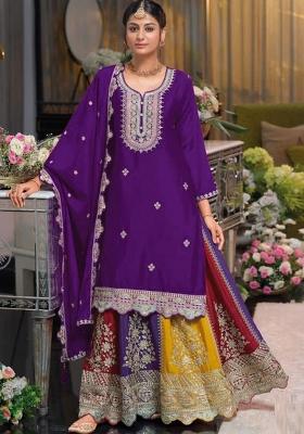Purple Embroidered Silk Kurta Set With Dupatta