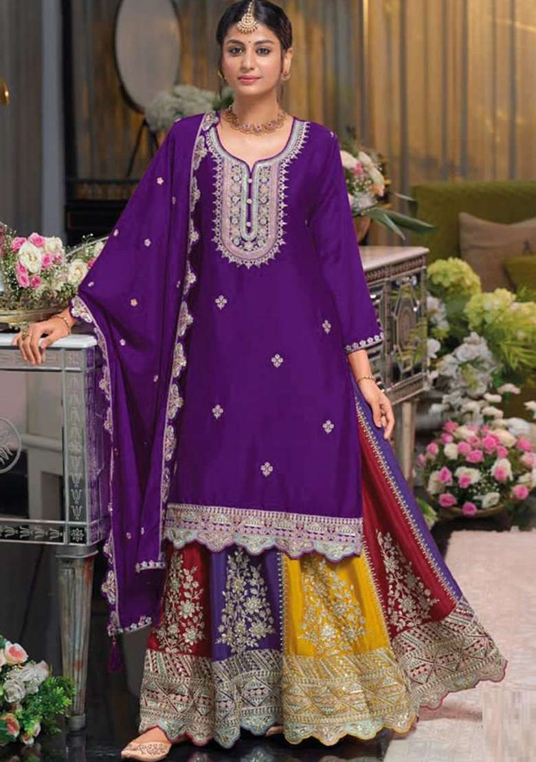 Purple Embroidered Silk Blend Sharara Set - Indya