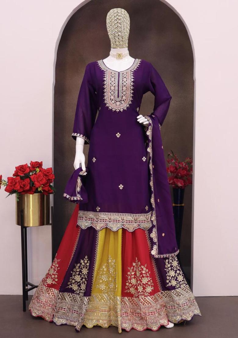Purple Embroidered Silk Kurta Set With Dupatta - Indya