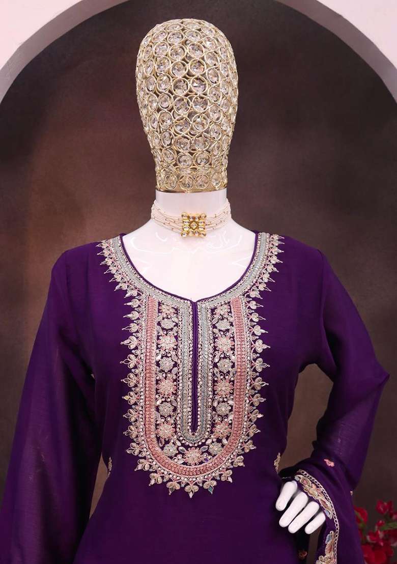 Purple Embroidered Silk Blend Sharara Set - Indya