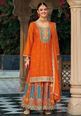 Orange Embroidered Silk Kurta Set With Dupatta