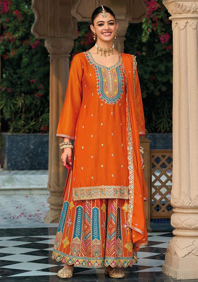 Orange Embroidered Silk Blend Sharara Set - Indya