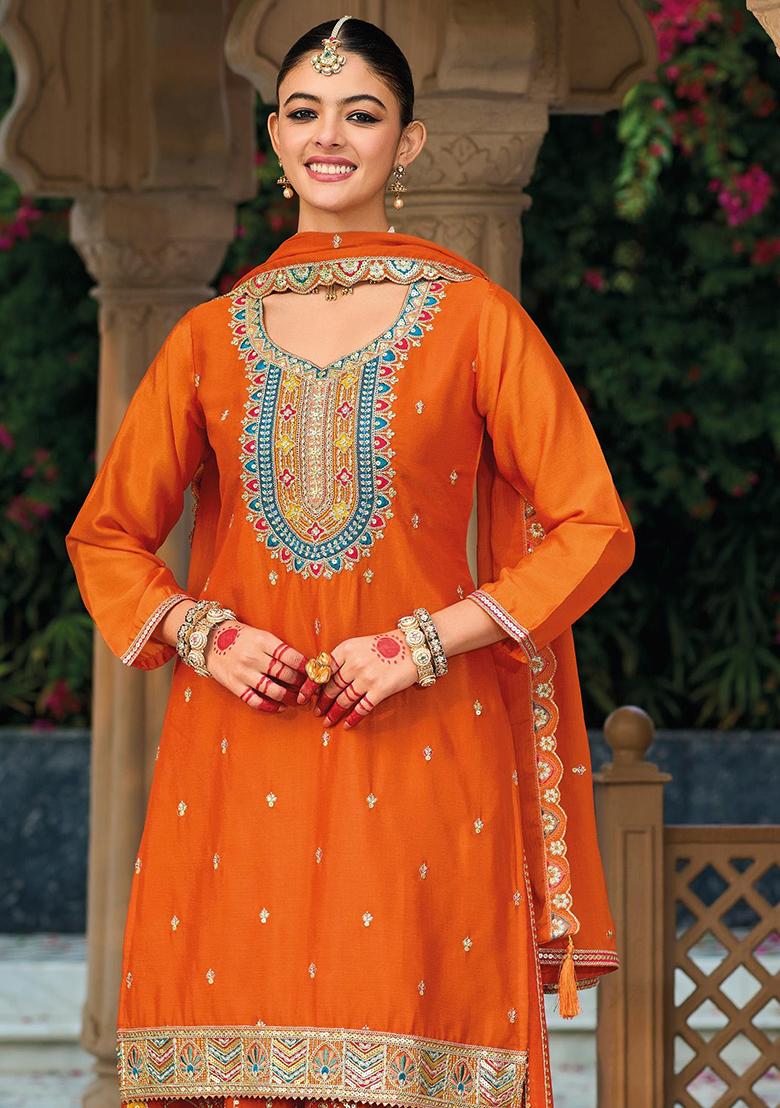 Orange Embroidered Silk Kurta Set With Dupatta - Indya