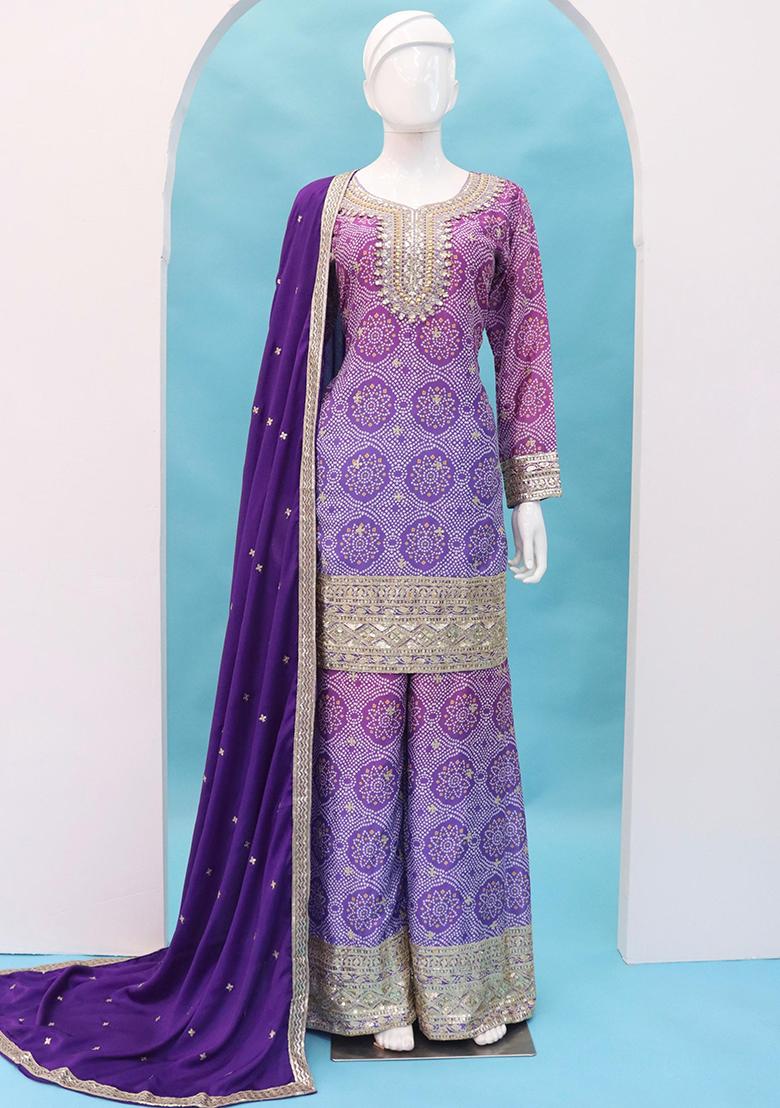 Lavender Embroidered Silk Kurta Set With Dupatta - Indya