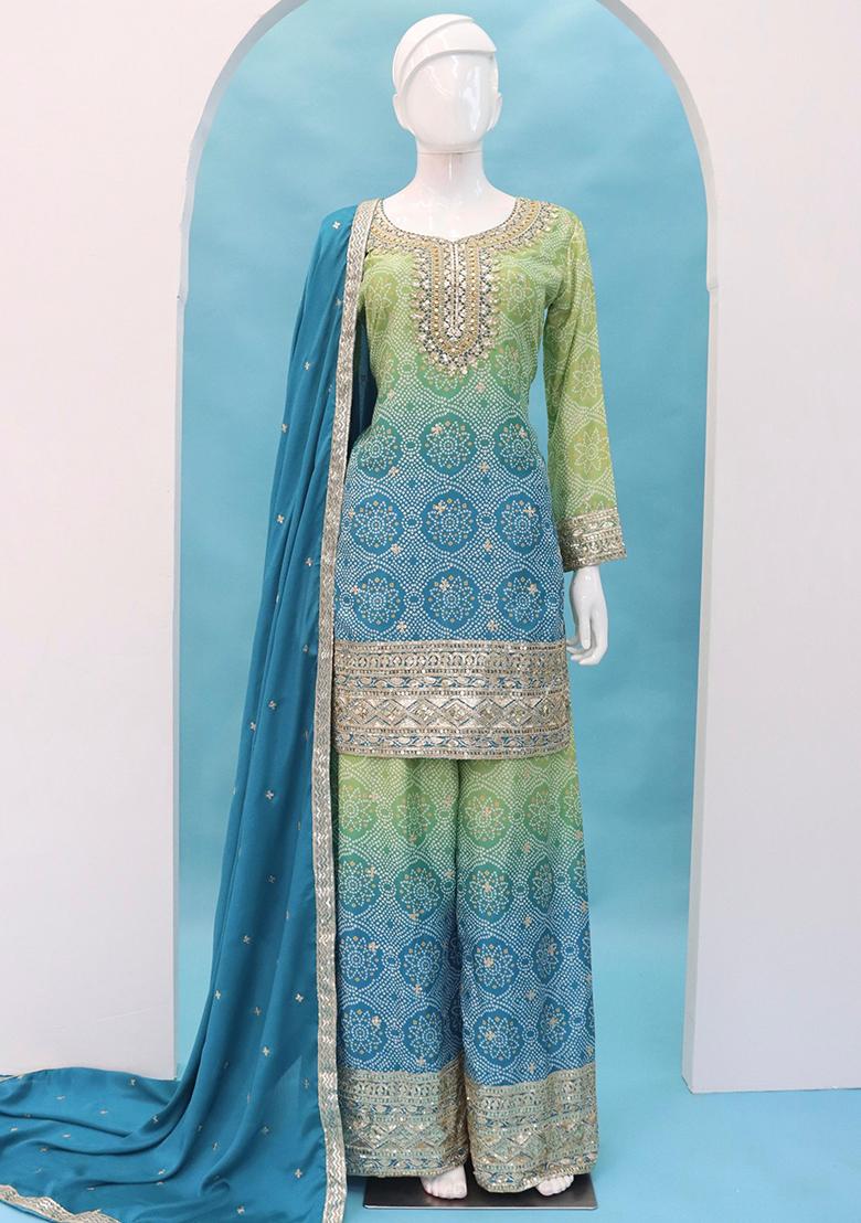 Blue Embroidered Silk Kurta Set With Dupatta - Indya