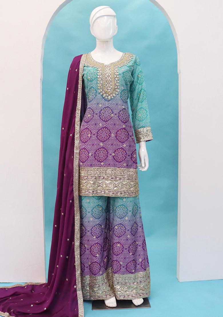 Purple Embroidered Silk Kurta Set With Dupatta - Indya