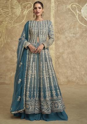 Grey Embroidered Georgette Kurta Set With Dupatta
