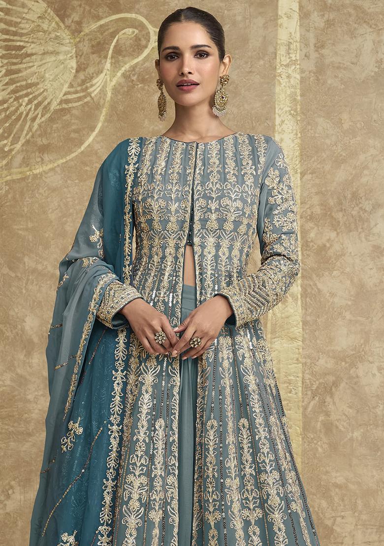 Grey Embroidered Georgette Kurta Set With Dupatta - Indya