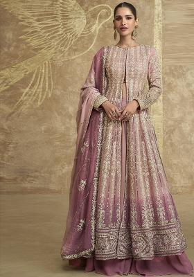 Peach Embroidered Georgette Kurta Set With Dupatta
