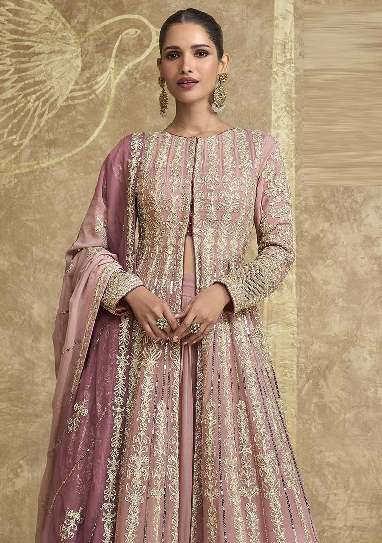 Peach Embroidered Georgette Kurta Set With Dupatta - Indya