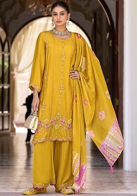 Yellow Embroidered Satin Kurta Set With Dupatta