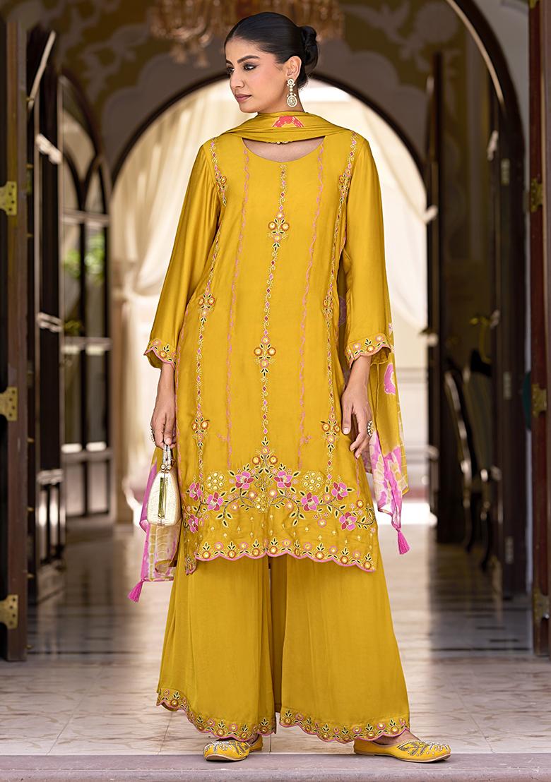 Yellow Embroidered Satin Kurta Set With Dupatta