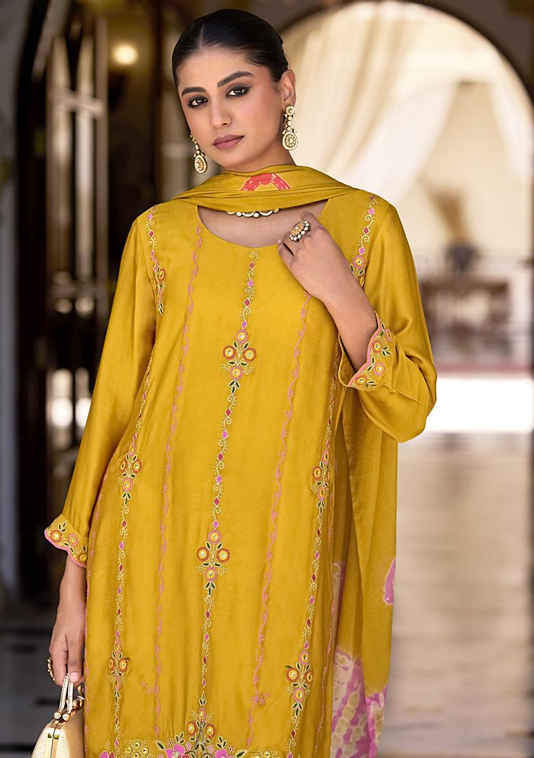 Yellow Embroidered Satin Kurta Set With Dupatta