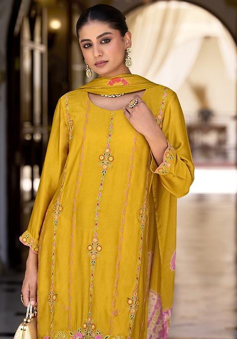 Yellow Embroidered Satin Kurta Set With Dupatta