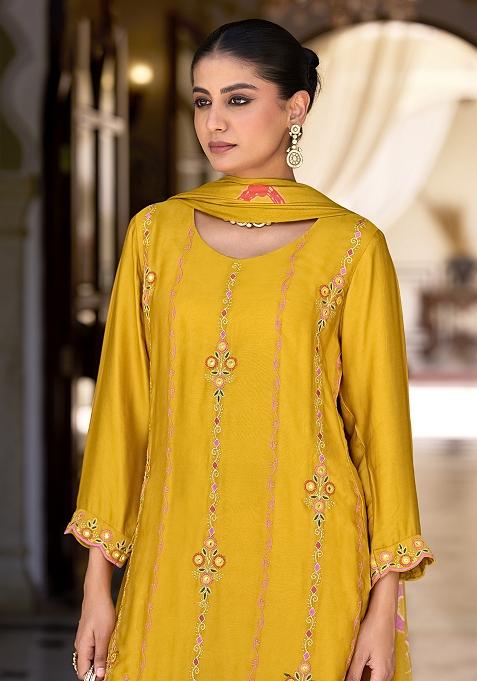 Yellow Embroidered Satin Kurta Set With Dupatta