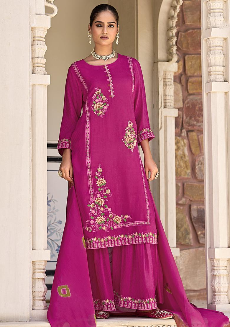 Pink Embroidered Jacquard Kurta Set With Dupatta
