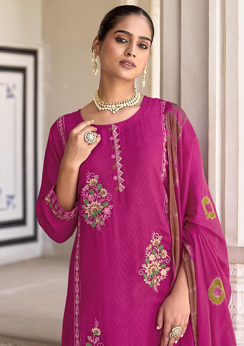 Pink Embroidered Jacquard Kurta Set With Dupatta