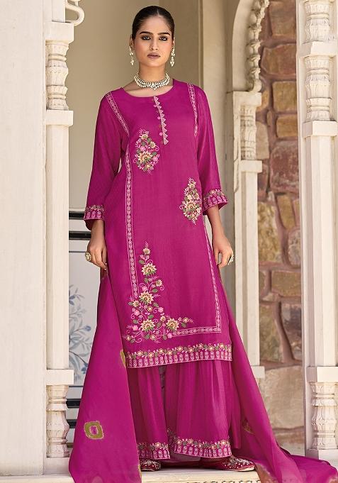 Pink Embroidered Jacquard Sharara Set