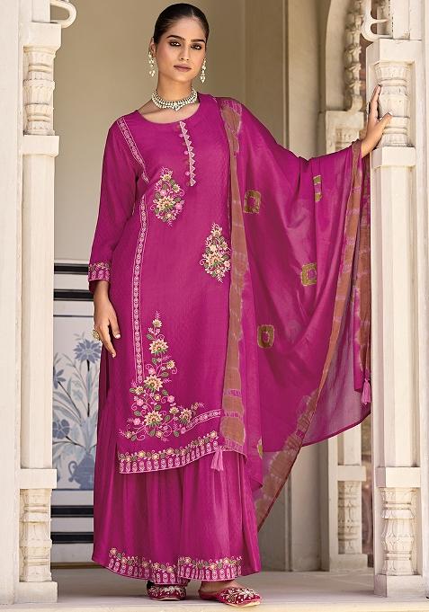 Pink Embroidered Jacquard Kurta Set With Dupatta