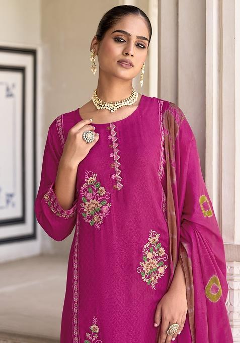 Pink Embroidered Jacquard Kurta Set With Dupatta