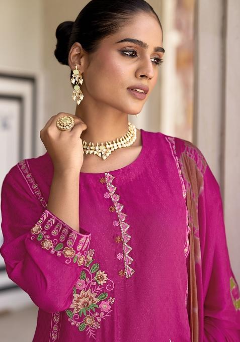 Pink Embroidered Jacquard Kurta Set With Dupatta