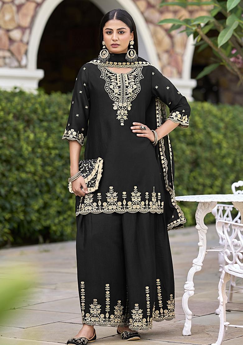 Black Embroidered Silk Kurta Set With Dupatta - Indya