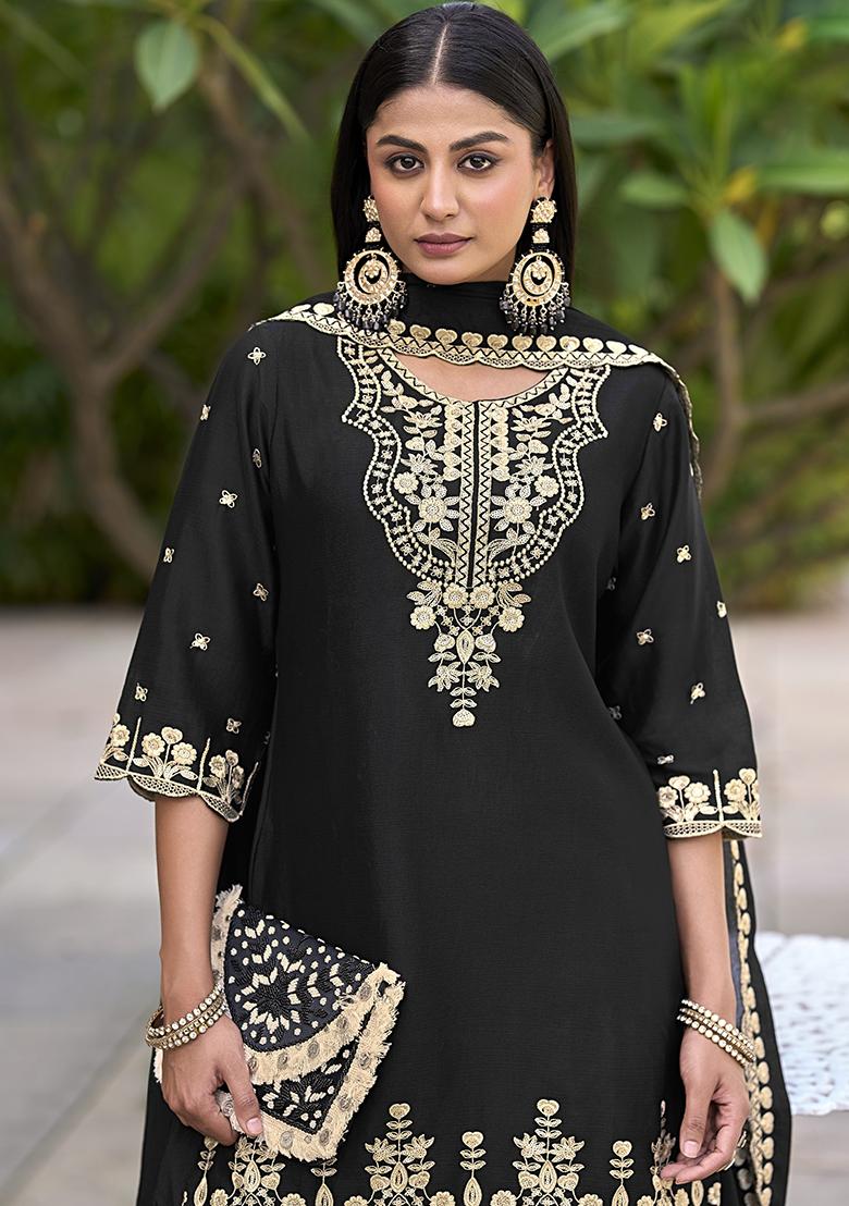 Black Embroidered Silk Kurta Set With Dupatta - Indya