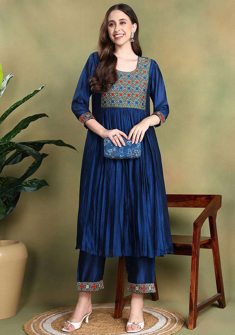 Navy Blue Embroidered Silk Kurta Set - Indya