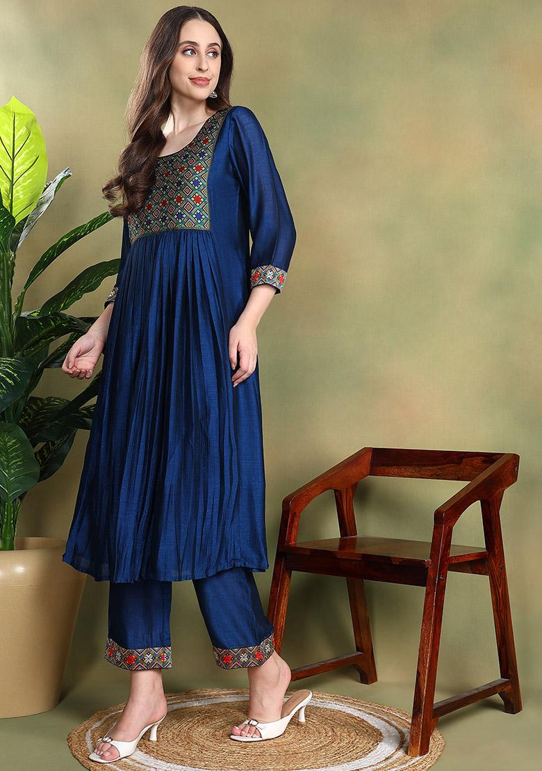 Navy Blue Embroidered Silk Kurta Set - Indya