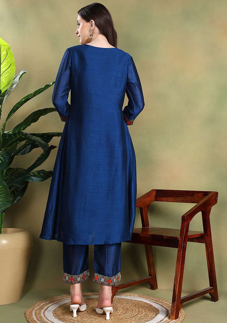 Navy Blue Embroidered Silk Kurta Set - Indya