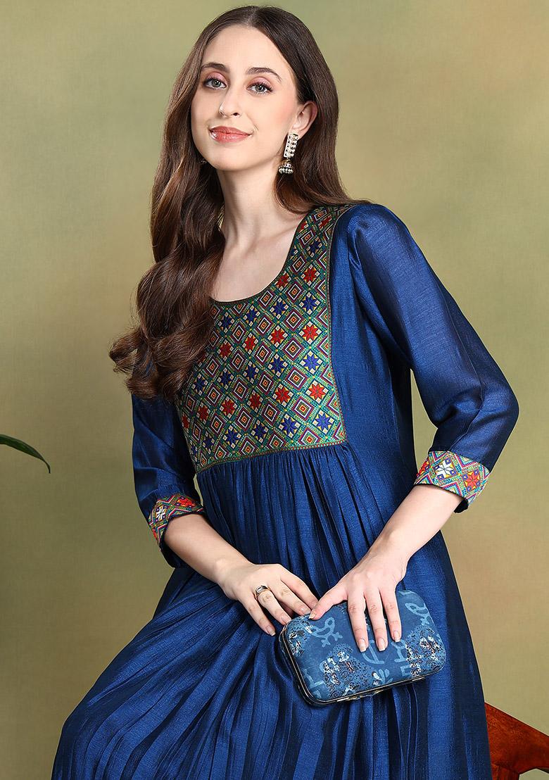 Navy Blue Embroidered Silk Kurta Set - Indya