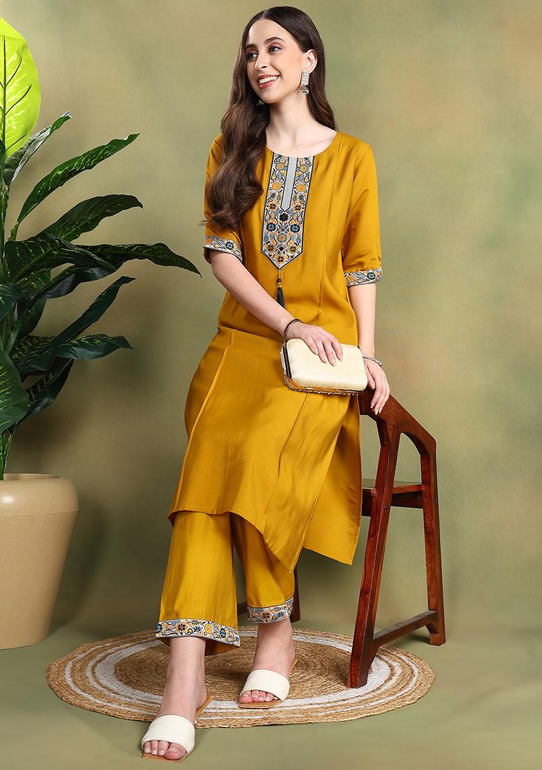 Mustard Embroidered Viscose Kurta Set - Indya