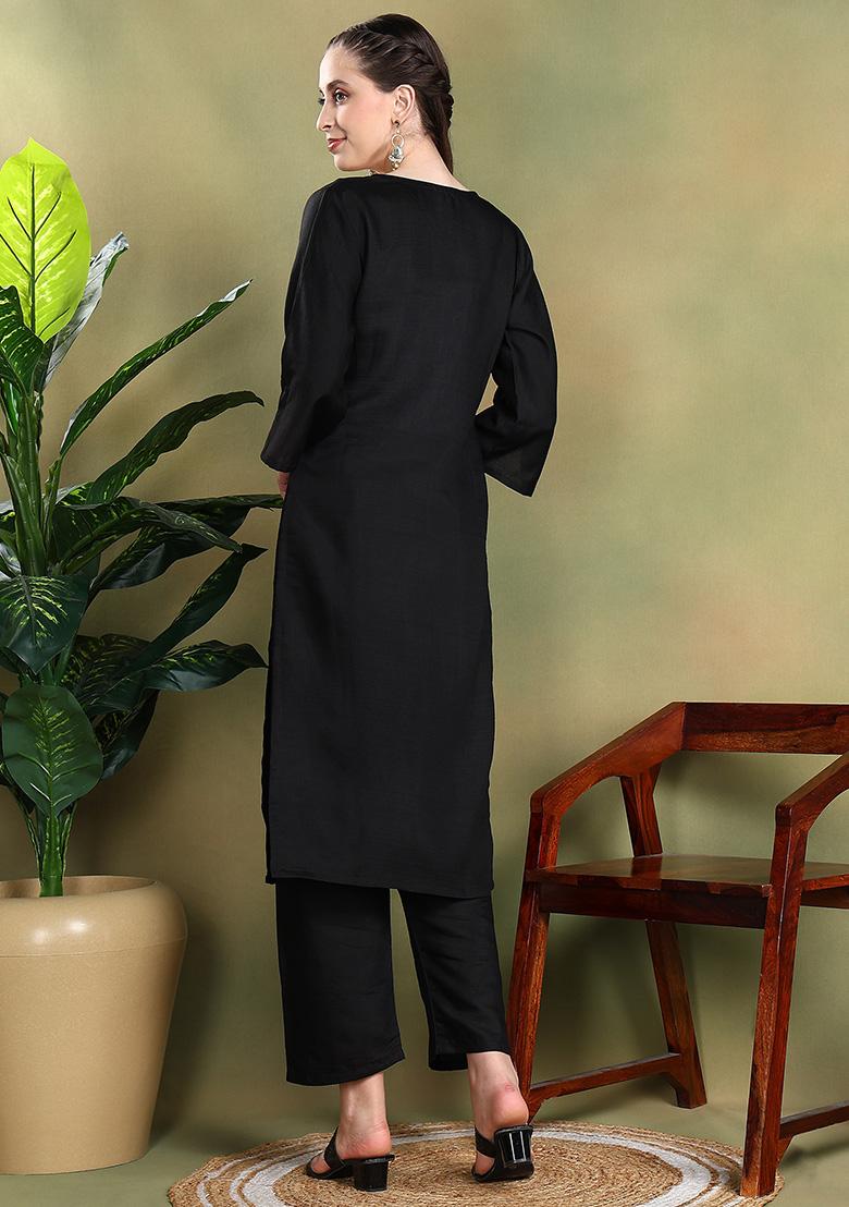 Black Embroidered Silk Kurta Set With Dupatta - Indya
