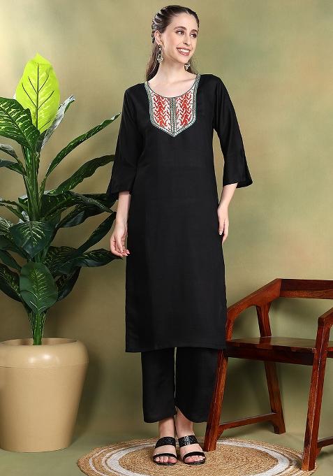 Black Embroidered Silk Kurta Set With Dupatta