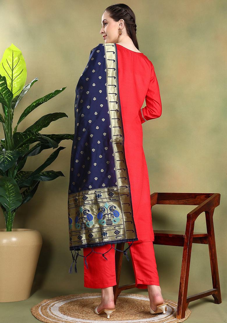 Red Embroidered Silk Kurta Set With Dupatta - Indya