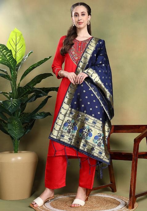 Red Embroidered Silk Kurta Set With Dupatta