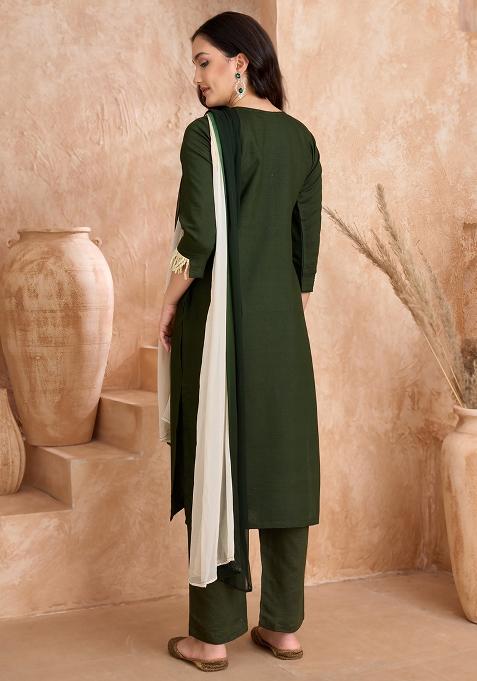 Green Embroidered Silk Kurta Set With Dupatta
