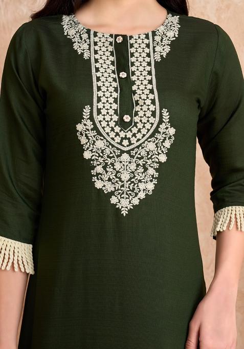 Green Embroidered Silk Kurta Set With Dupatta