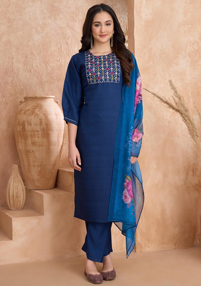 Blue Embroidered Silk Kurta Set With Dupatta