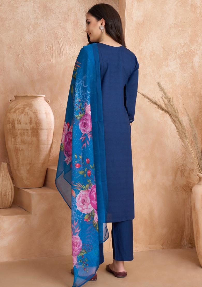 Blue Embroidered Silk Kurta Set With Dupatta