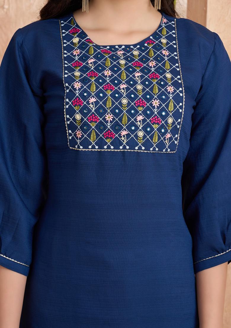 Blue Embroidered Silk Kurta Set With Dupatta