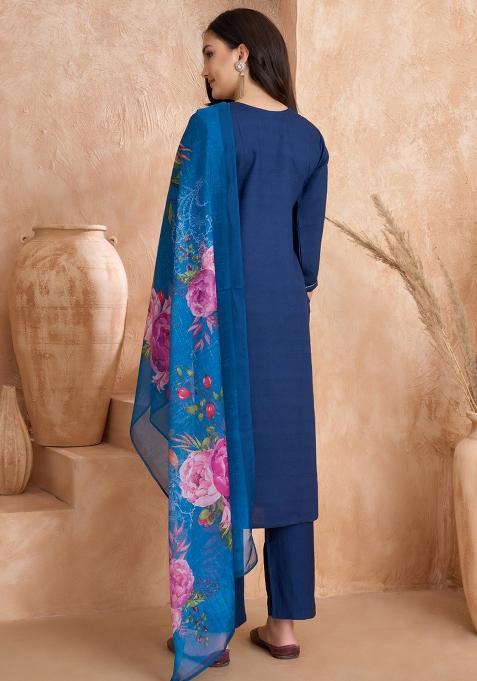 Blue Embroidered Silk Kurta Set With Dupatta