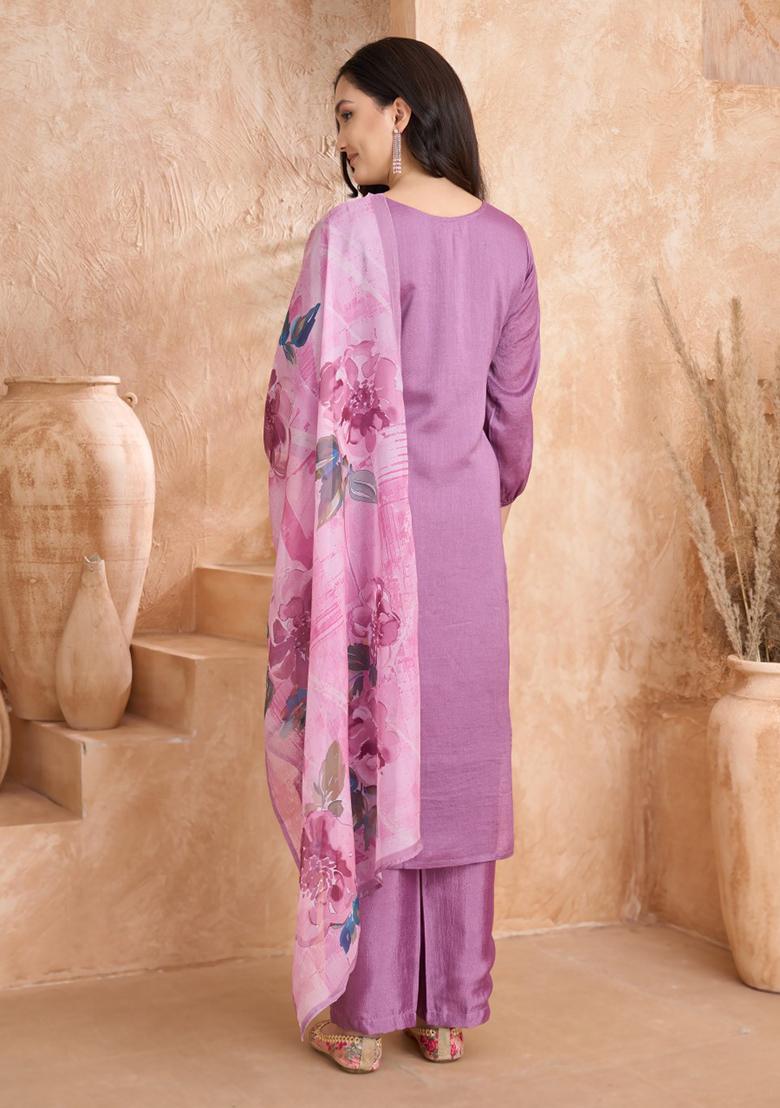 Lavender Embroidered Silk Kurta Set With Dupatta - Indya