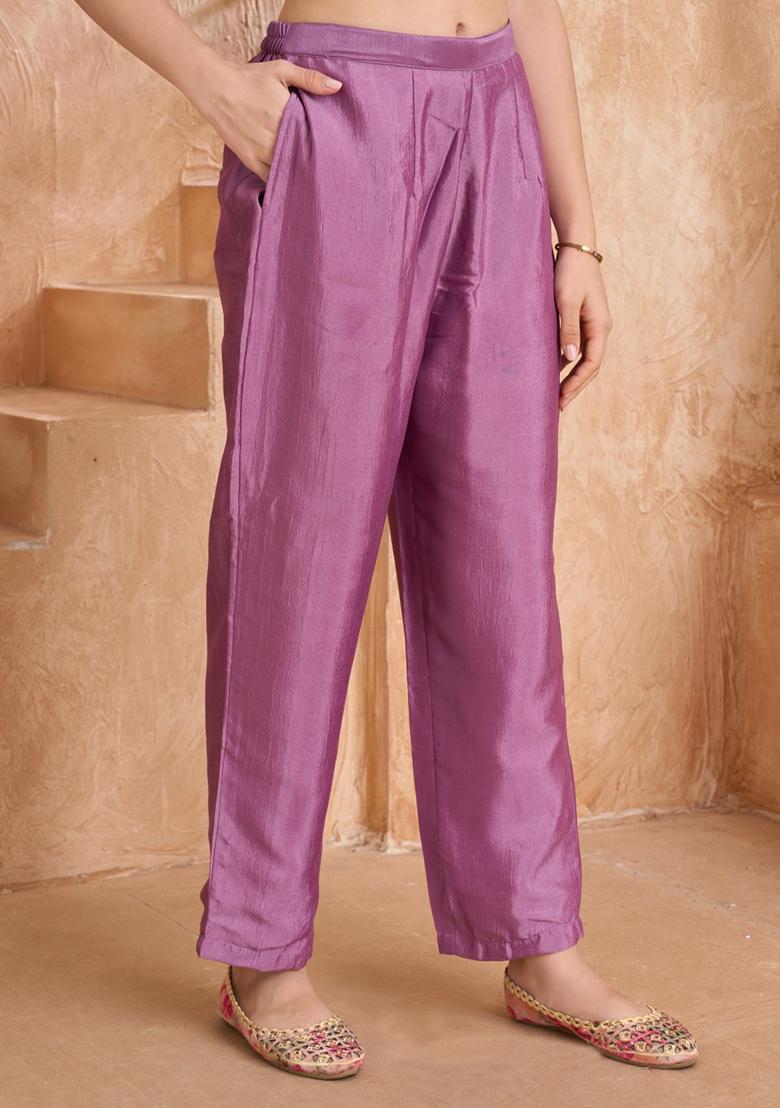 Lavender Embroidered Silk Kurta Set With Dupatta - Indya