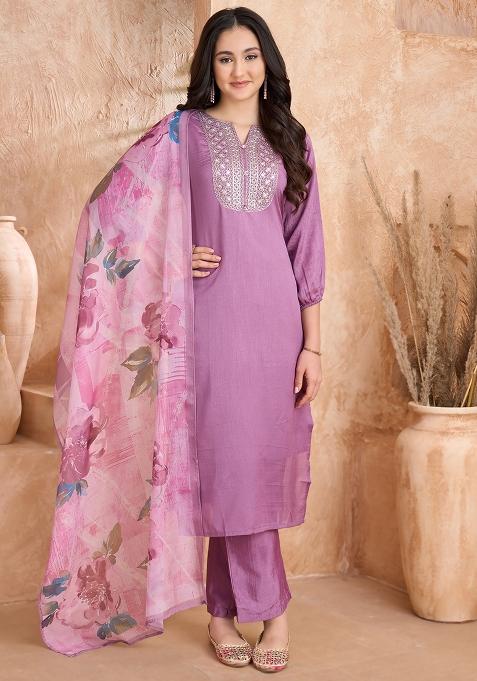 Lavender Embroidered Silk Kurta Set With Dupatta