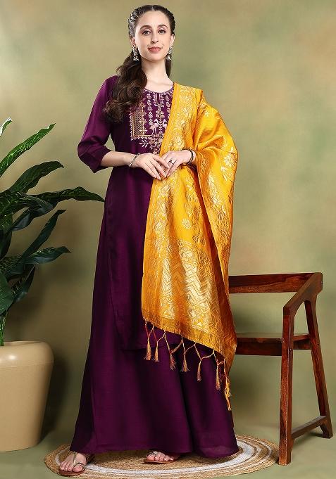 Wine Embroidered Silk Kurta Set With Dupatta